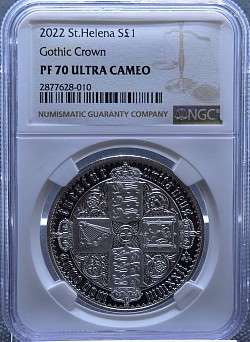 最高鑑定PF70 2022年 セントヘレナ ゴシック・クラウン 1オンス プルーフ銀貨 NGC PF70 ULTRA CAMEO
